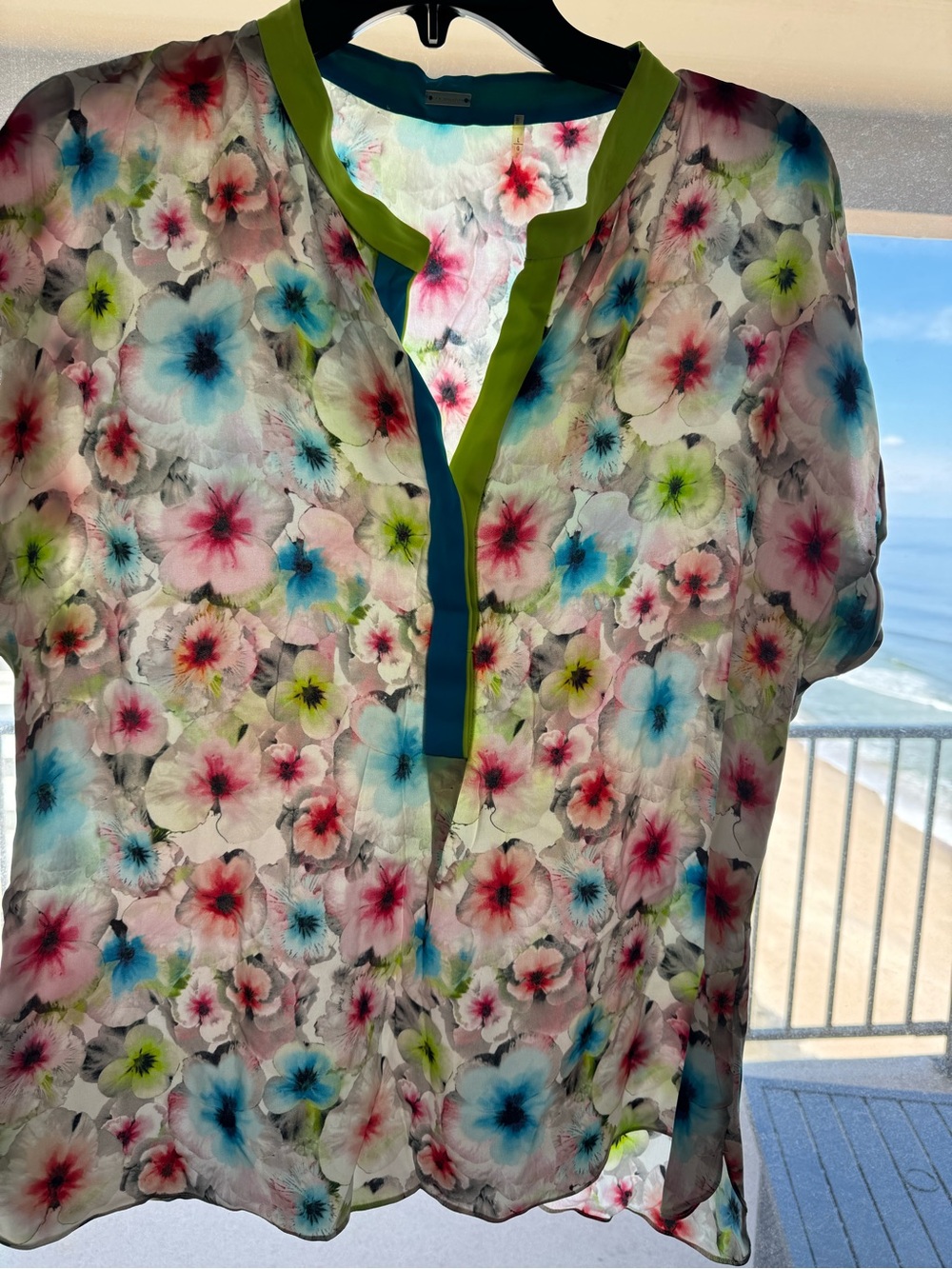Elie Tahari Floral Chiffon Blouse in White with Pink, Blue & Green Flowers